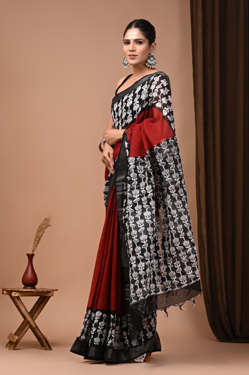 Hand Block Printed Linen Saree with Blouse